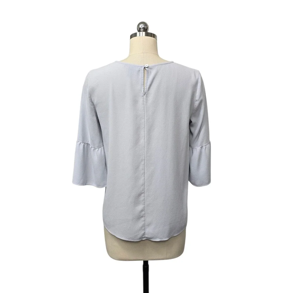 Eileen Fisher Light Blue Crepe Ruffle Bell Sleeve Blouse‎ XS Round Neck Keyhole